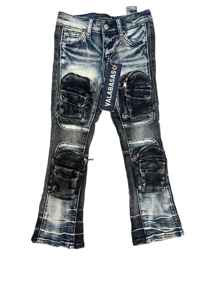 "DUAL SOLDIER” Kids Stacked Flare Jeans - Blue Black Wash