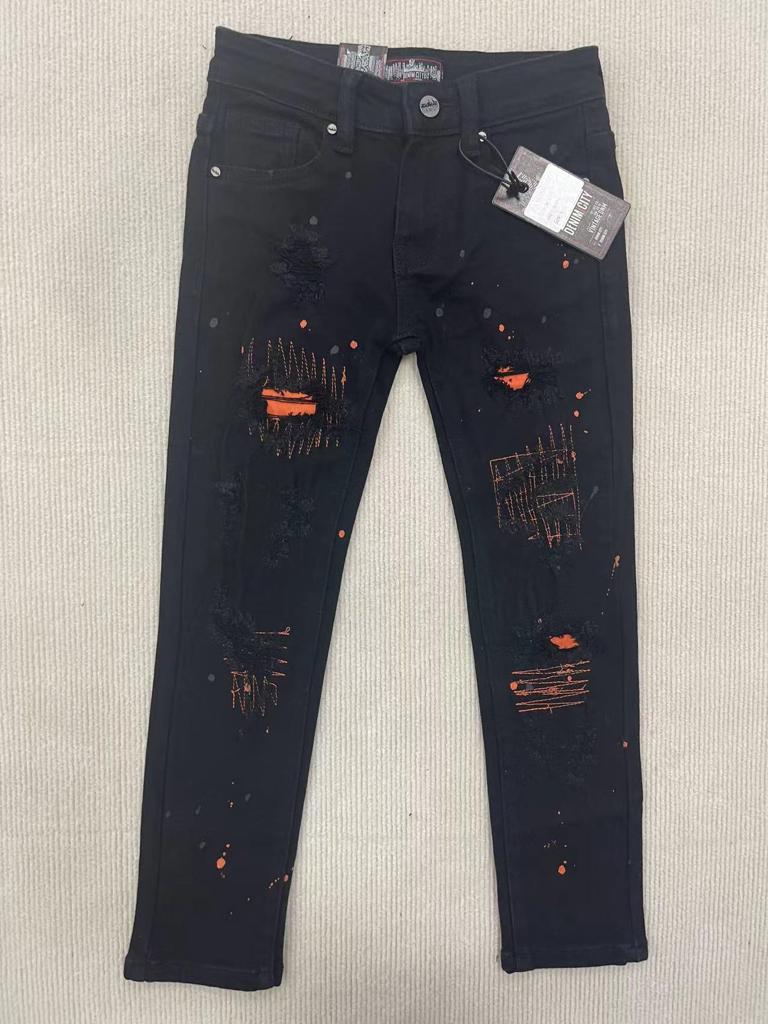 Kids Rip N Repair Jet Black Wash Denim Jeans With Orange Stitch