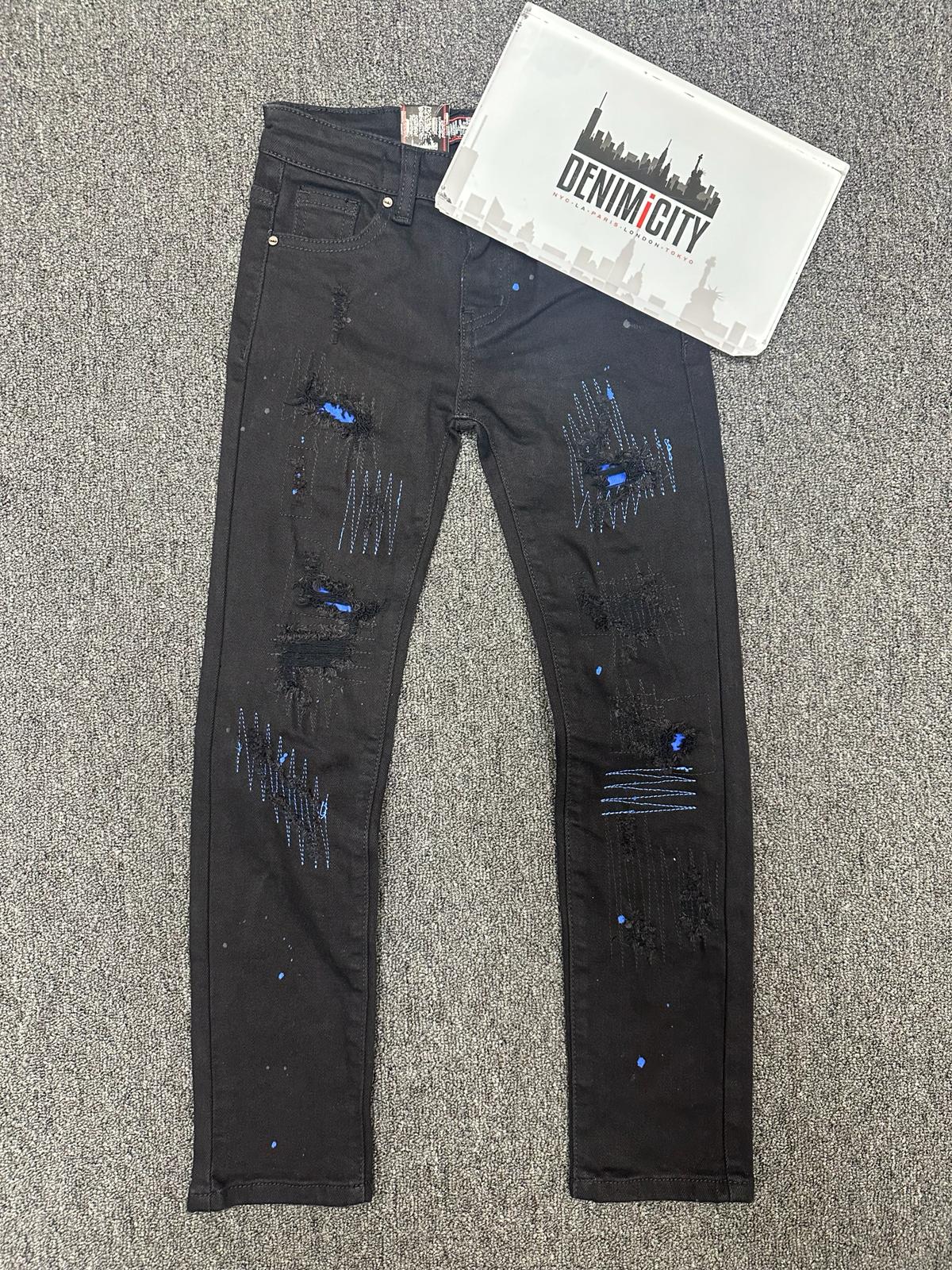 Kids Rip N Repair Denim Jeans With Royal Blue Stitch - Jet Black Wash