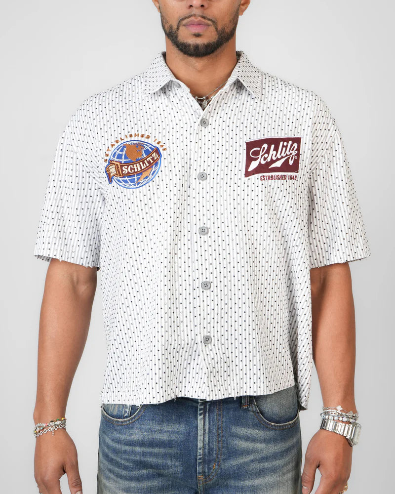 トップス STRIPE MECHANIC SHIRTS / M Schlitz Heritage Stripe Mechanic Shirt – Todays Man Store