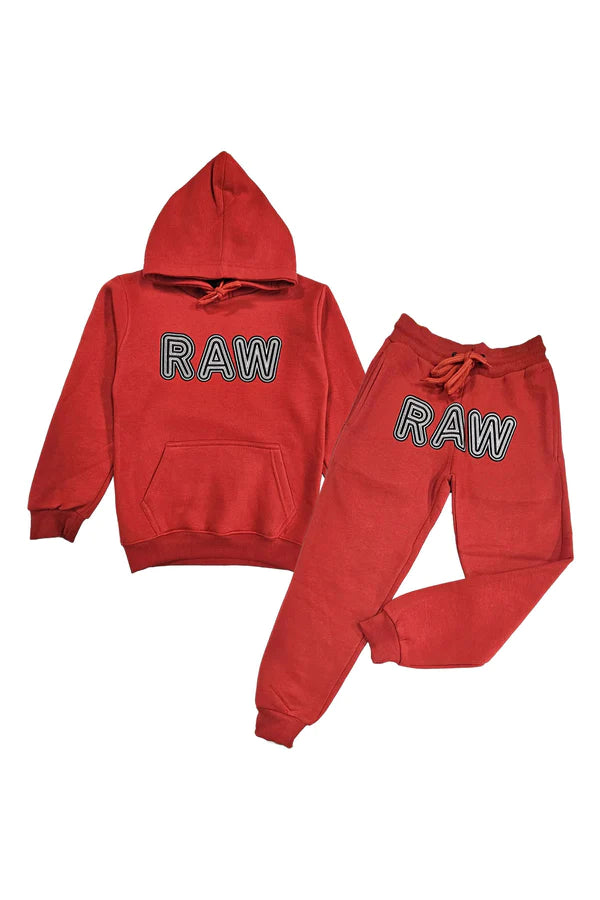 Kids RAW Embroidery Hoodie And Jogger Set - Red/Black/White