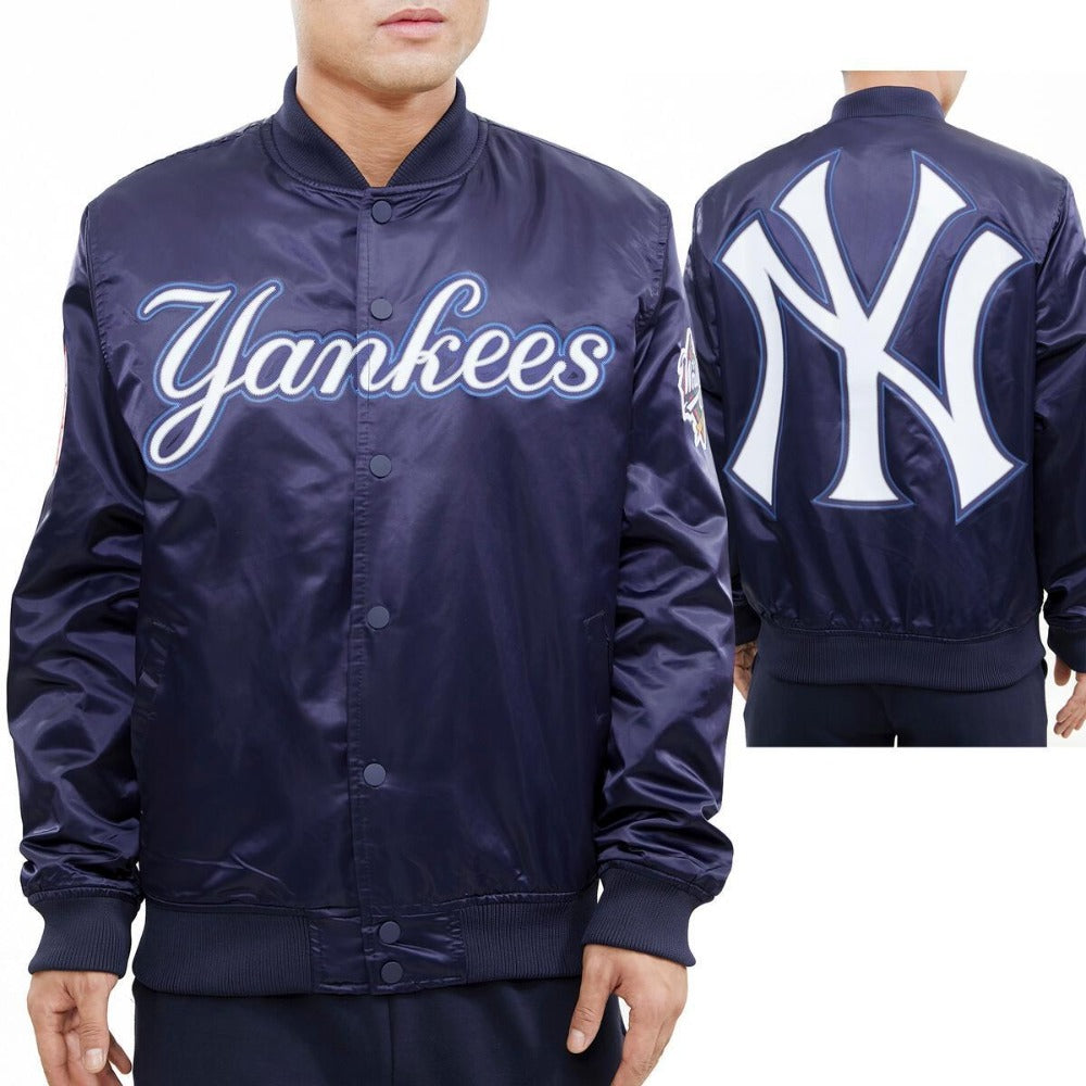 New York Yankees Big Logo Navy Blue Satin Bomber Jacket -GLJ