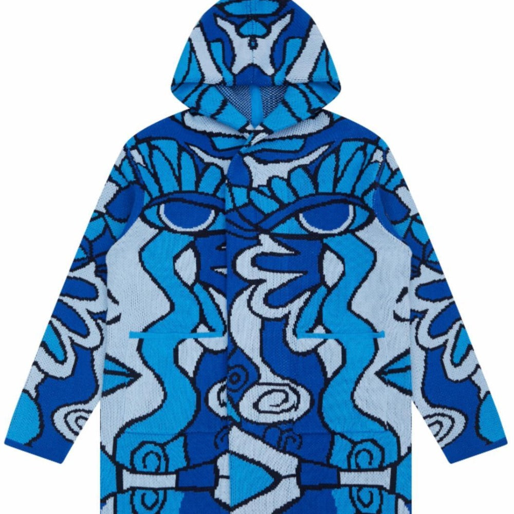Abstract Hoodie Cardigan Sweater-Blue