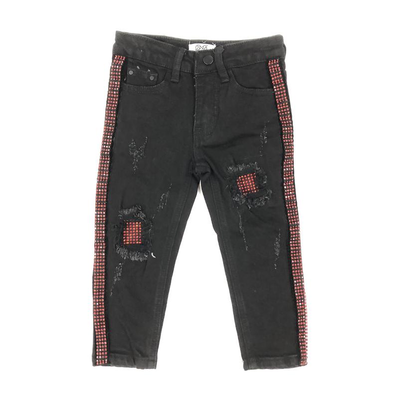 DNA Jeans-Kids Red Crystal Stiped Jeans-Black