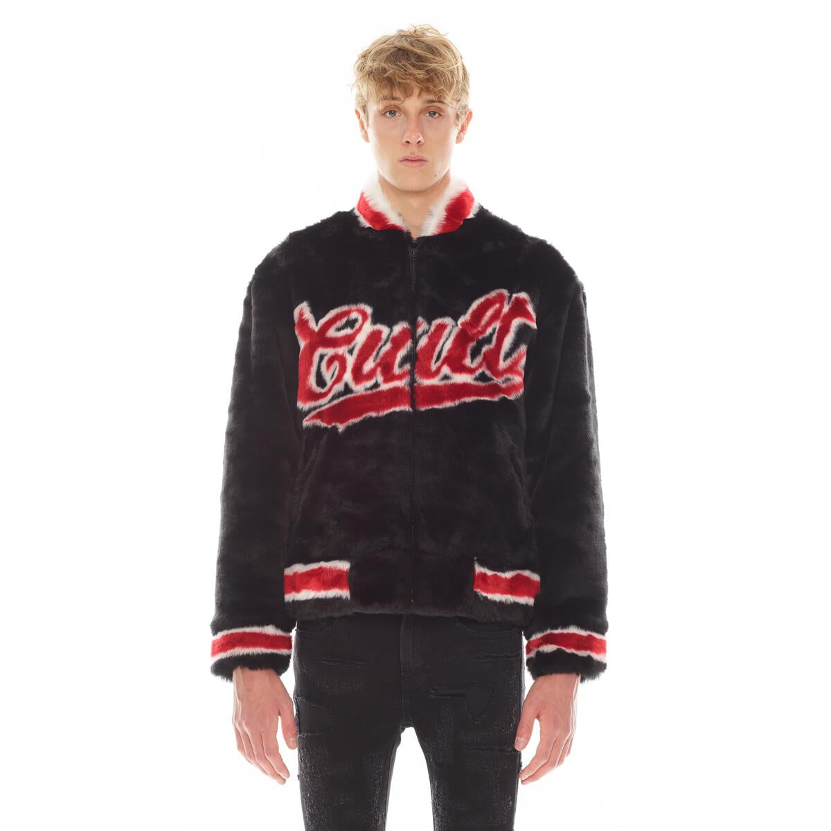 Faux Fur Varsity Jacket - Black
