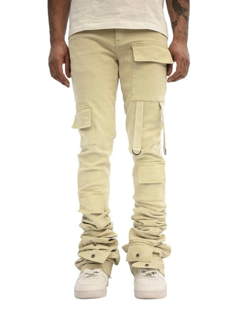 Gunner-Khaki Super Stacked Cargo Pants with Straps
