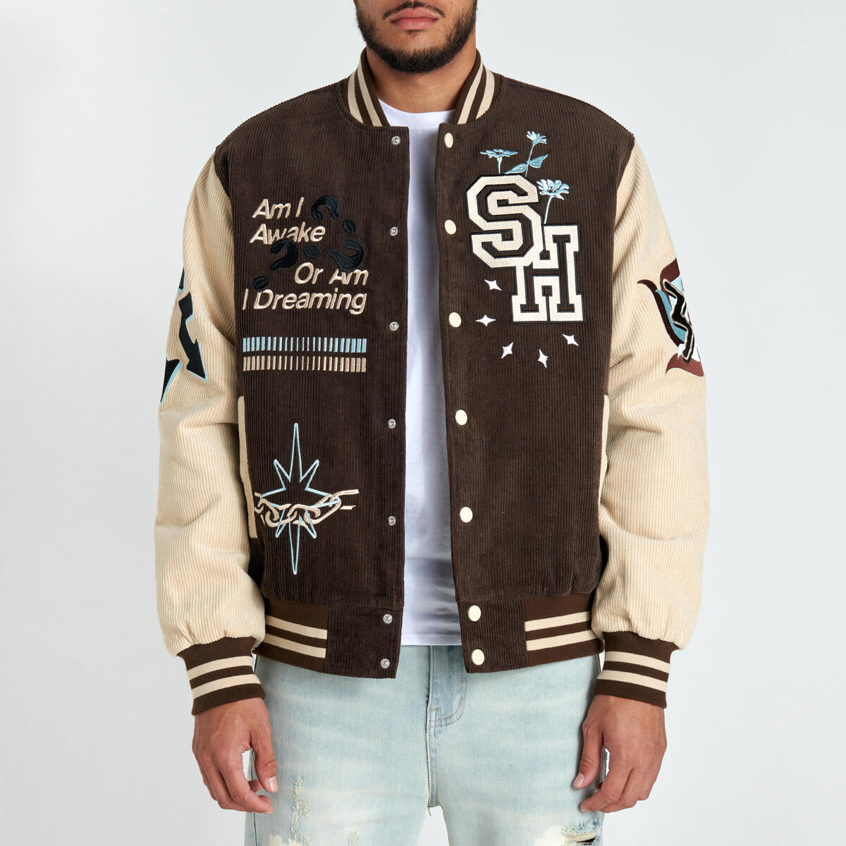 Corduroy letterman jacket sale