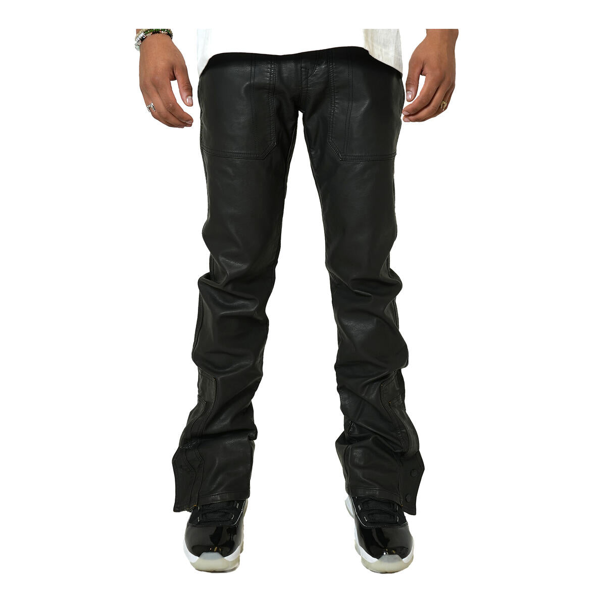 Vegan Leather Flared Jeans - Black