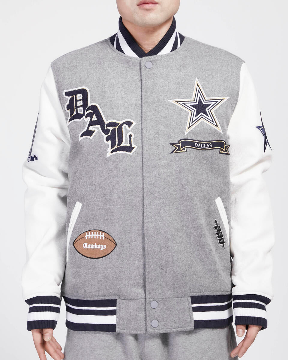 Dallas Cowboys Pro Prep Wool Varsity Jacket - Heather Grey/White