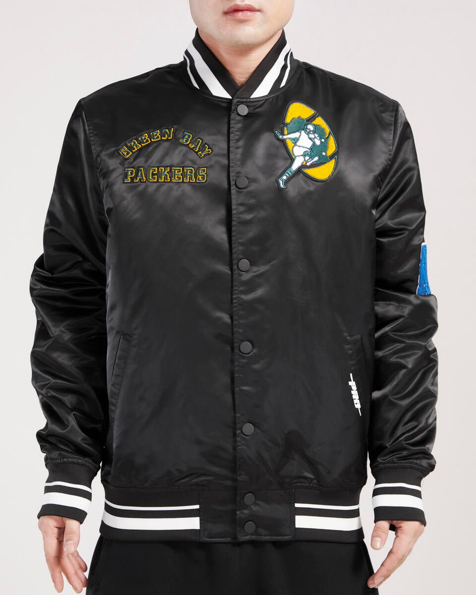 Green Bay Packers Retro Classic Rib Satin Jacket - Black