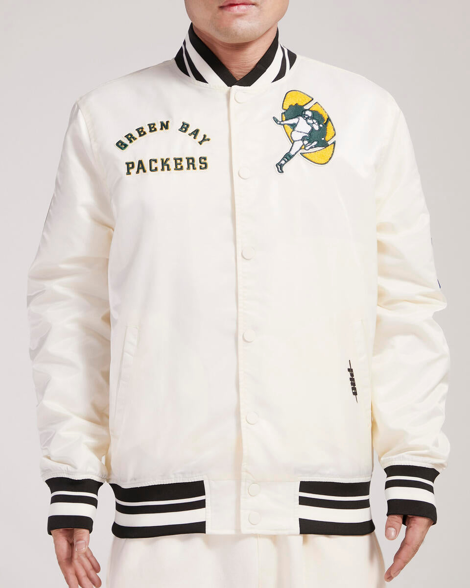 Green Bay Packers Retro Classic Rib Satin Jacket - Eggshell/Black