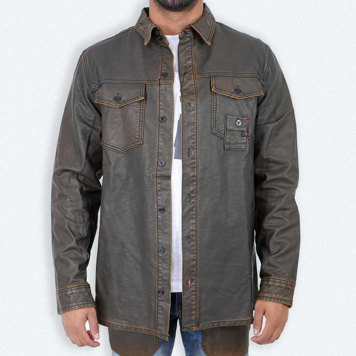Vegan Leather Shirt Jacket - Brown