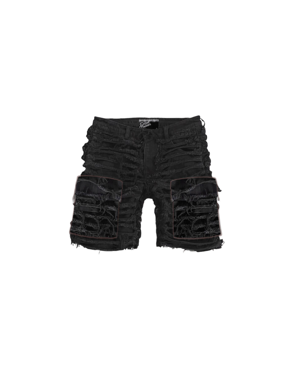 Shredded Denim Cargo Shorts - Black