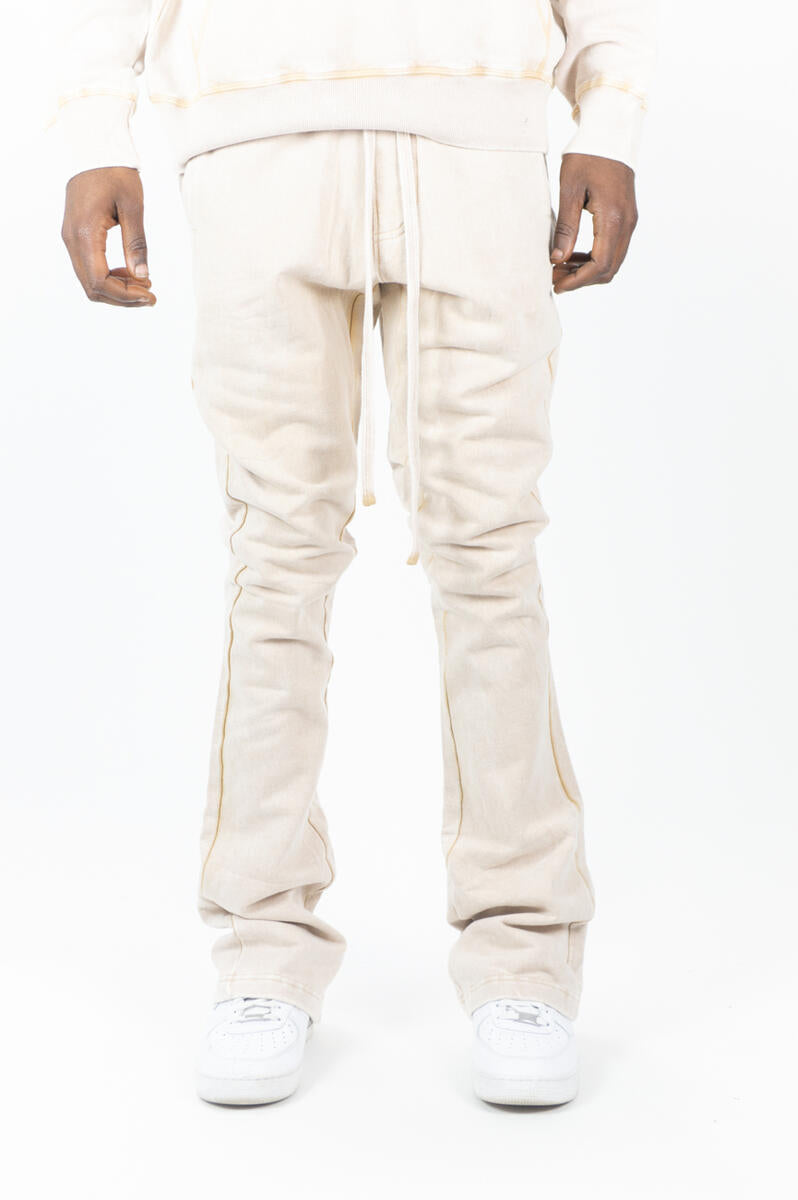 Acid Wash Fleece Stacked Pants - Beige