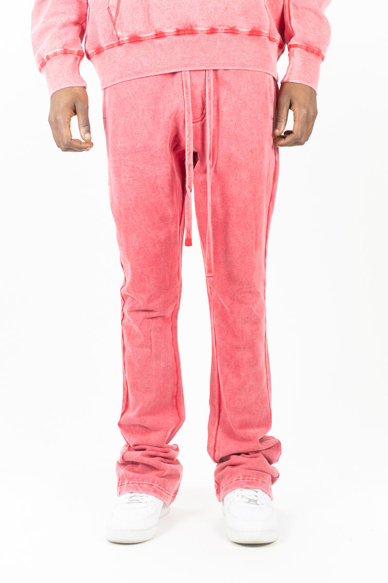 Acid Wash Fleece Stacked Pants - Red