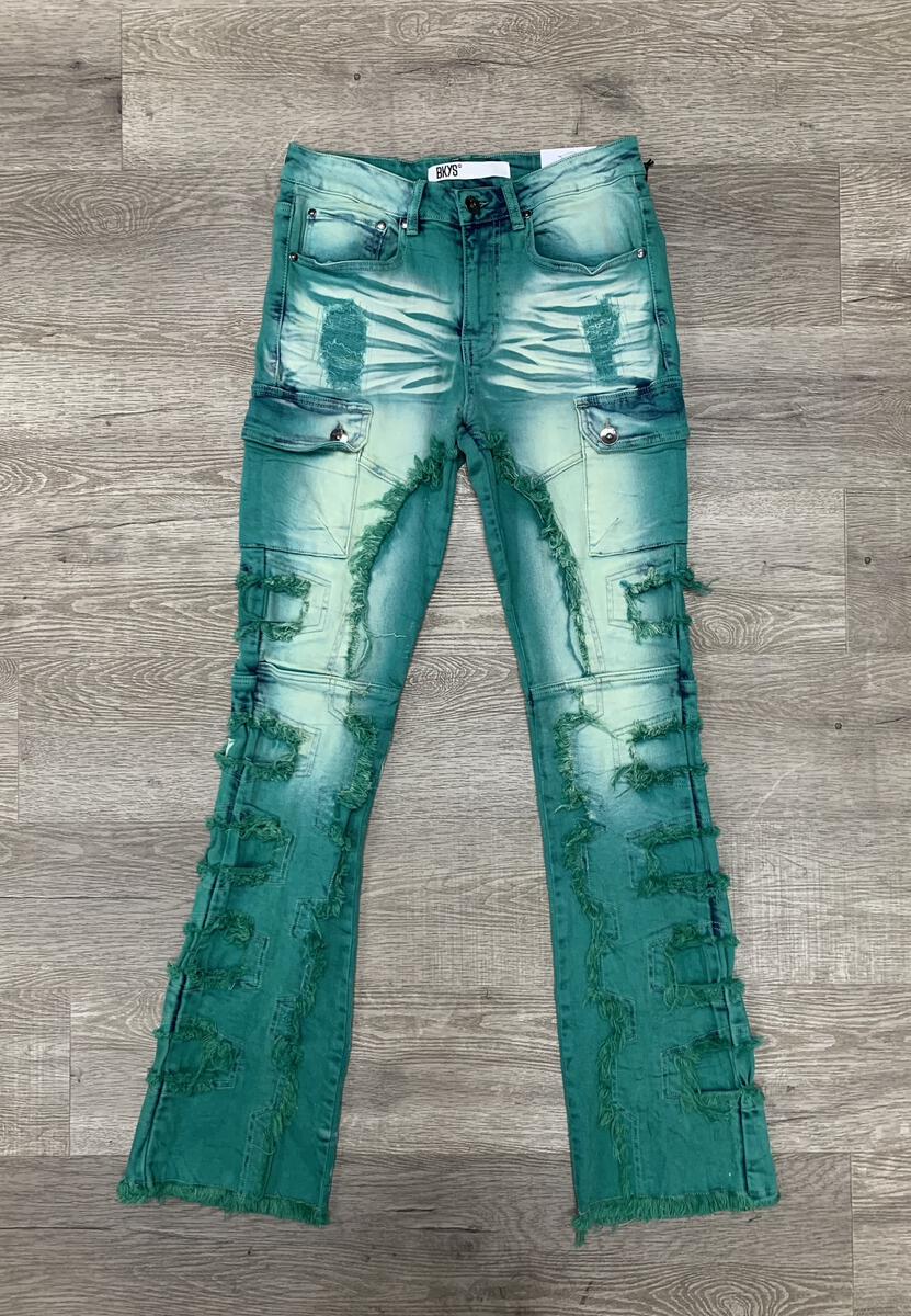 Color Washed Denim Stacked Pants - Deep Mint