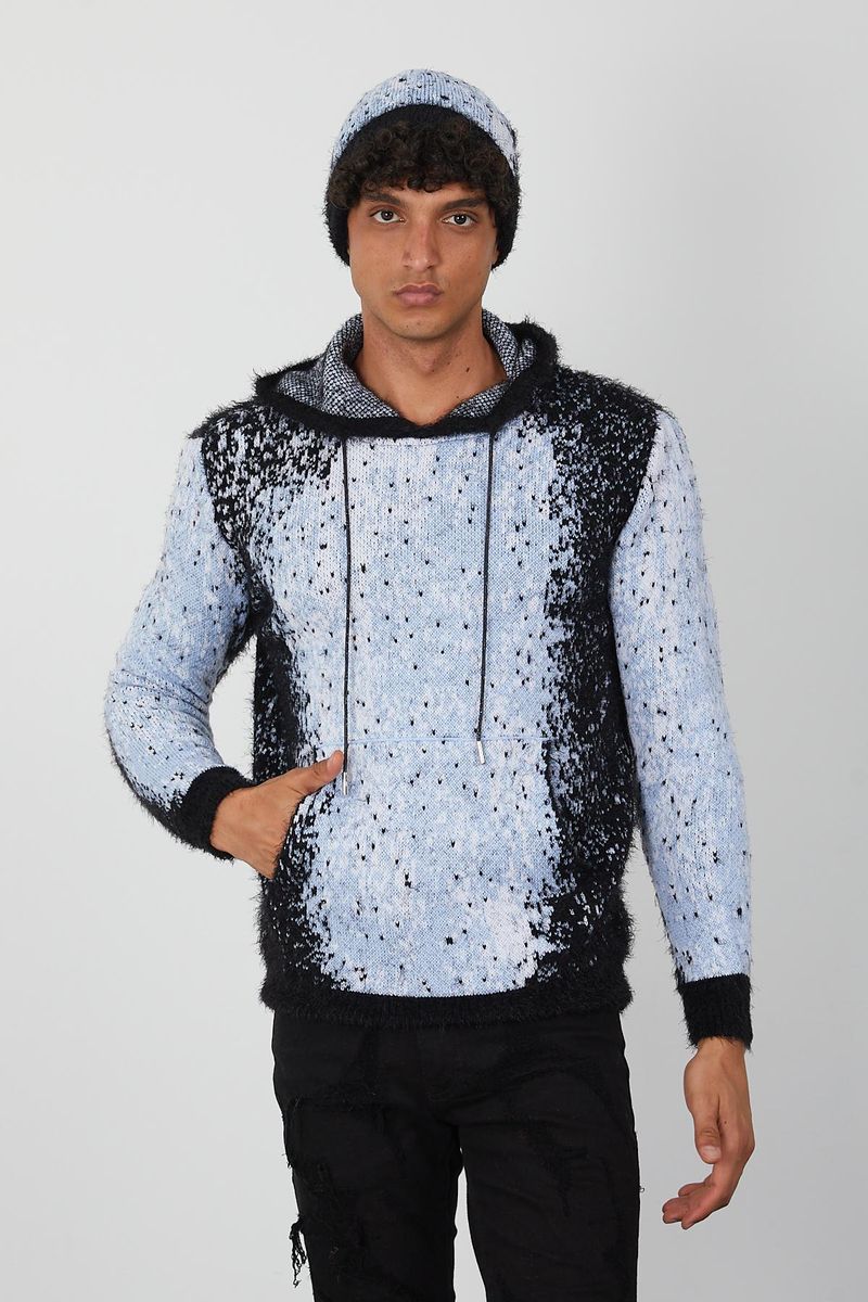 Jacquard pattern Mohair Hooded Sweater (Black)