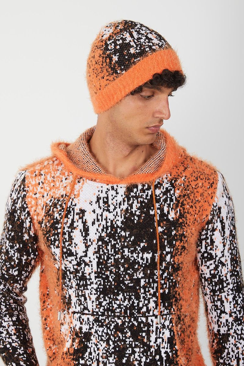 Jacquard pattern Mohair Hooded Sweater (Orange)