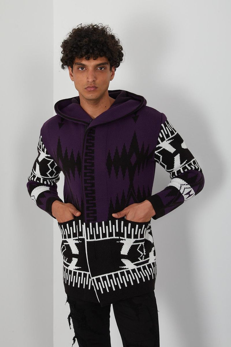 Men's Zipper Purple Aztec Cardigan Sweater