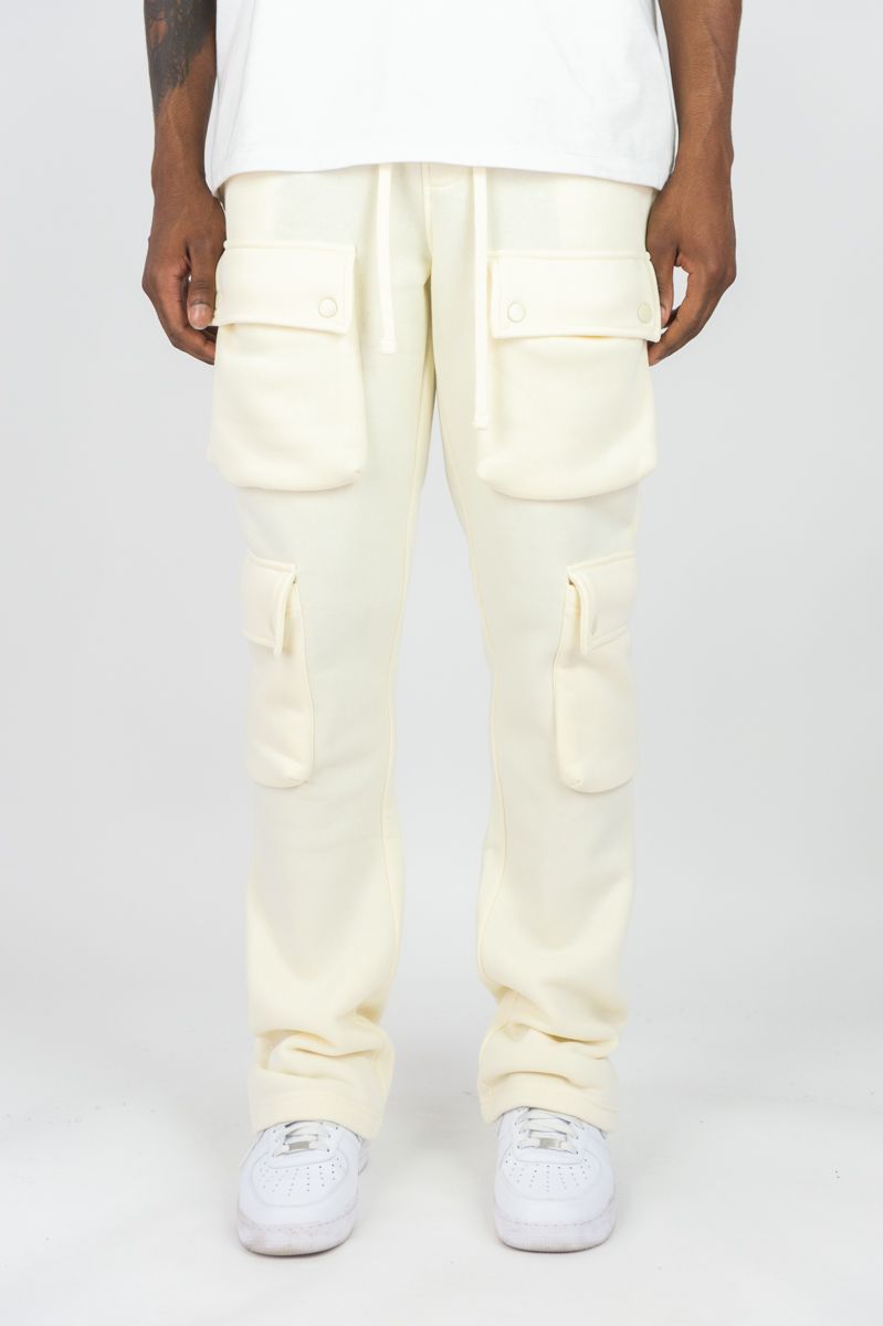 Rebel Minds - Stacked Cargo Fleece Pants - Cream