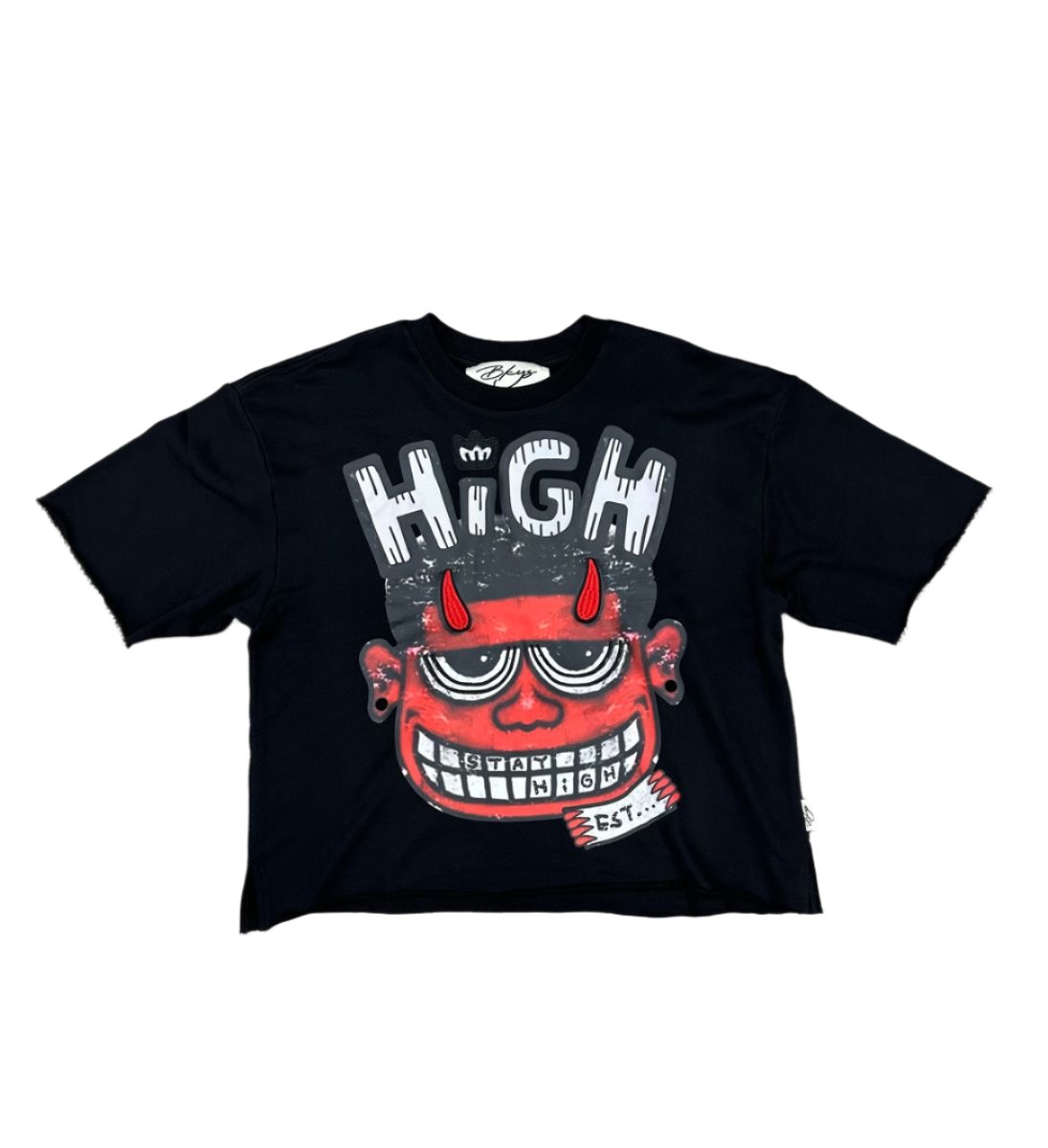 Stay High" F-Terry Cropped T-Shirt - BLACK