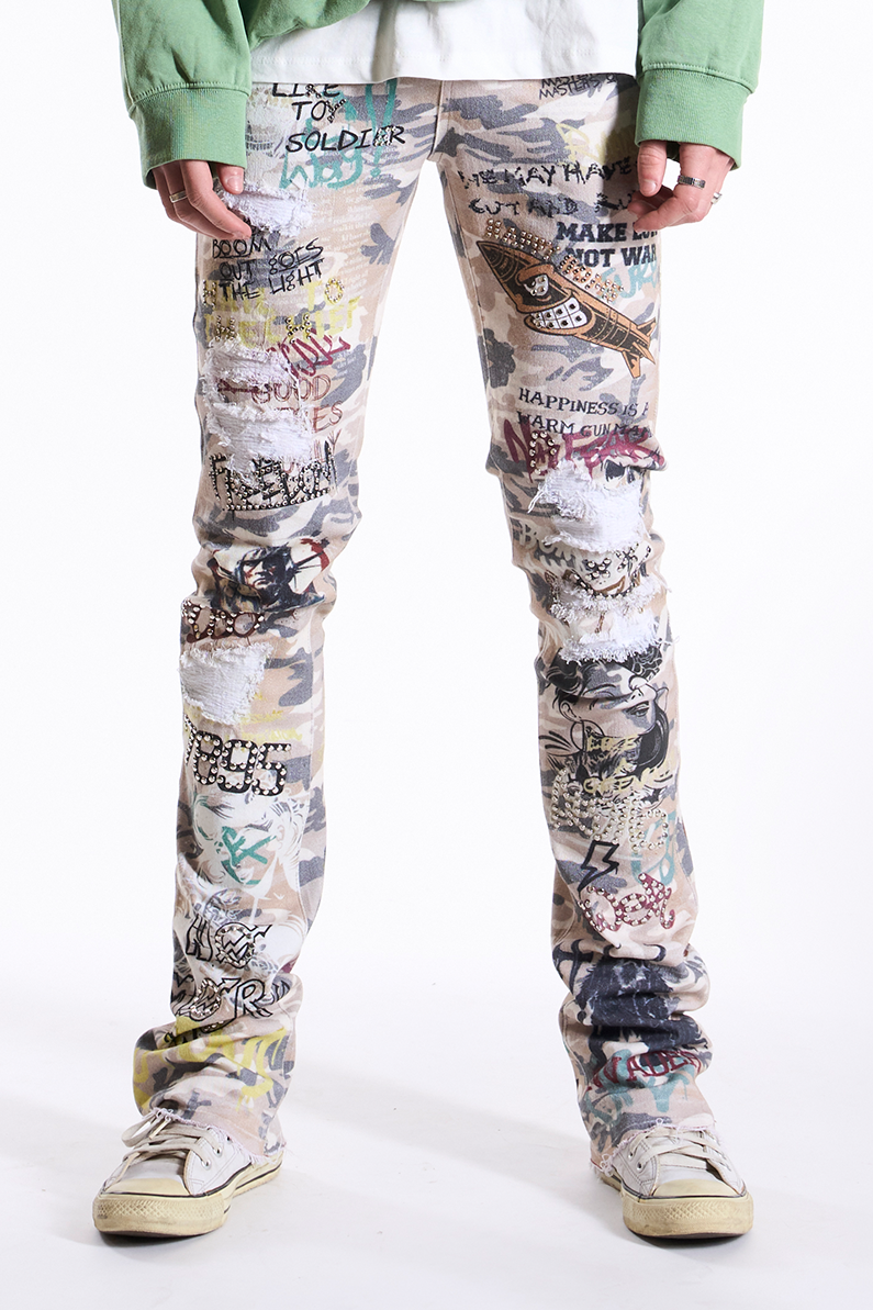 Make Love Not War Stacked Jeans (Bone Camo)