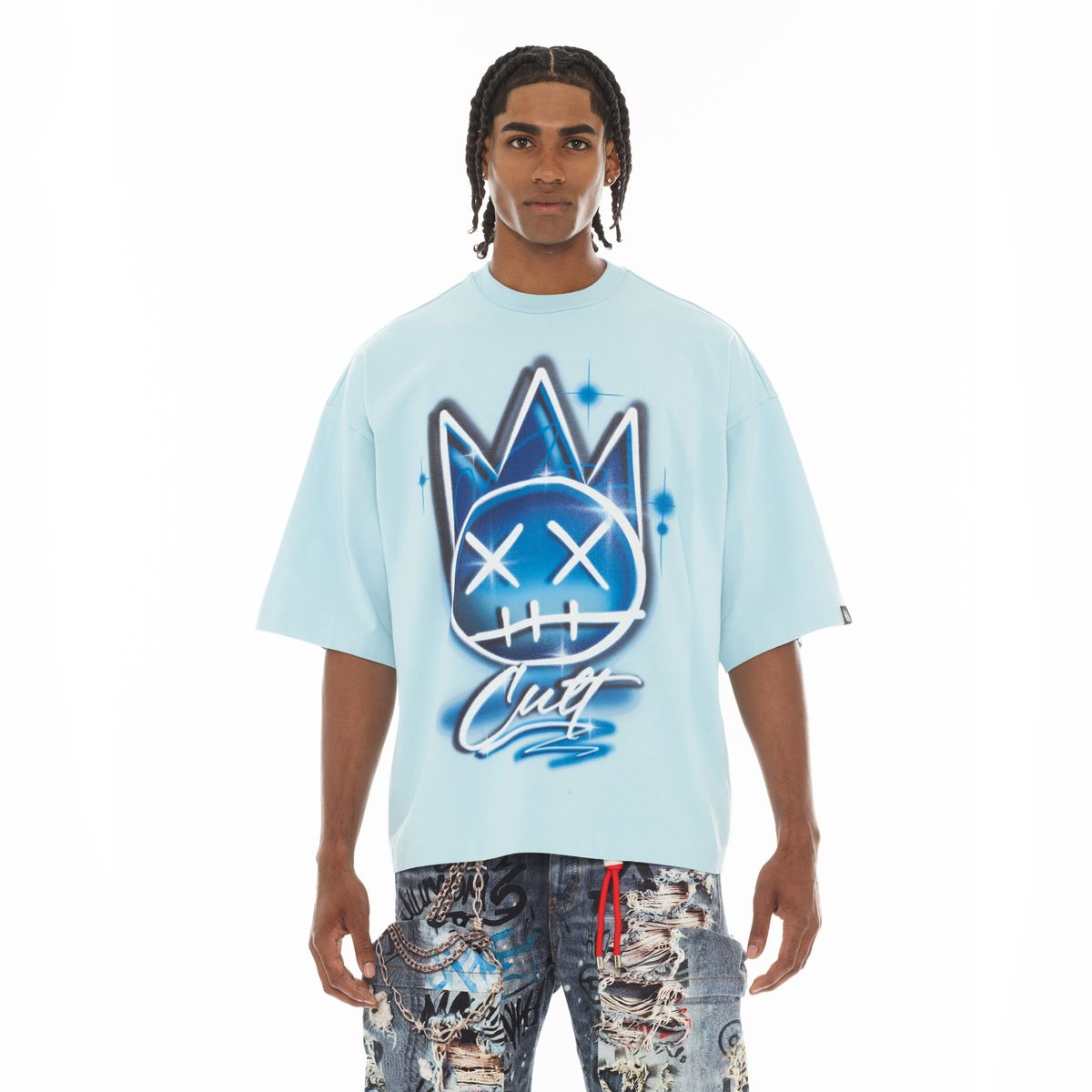 Oversized Short Sleeve Crew Neck Tee "Airbrush (Blue Glow)