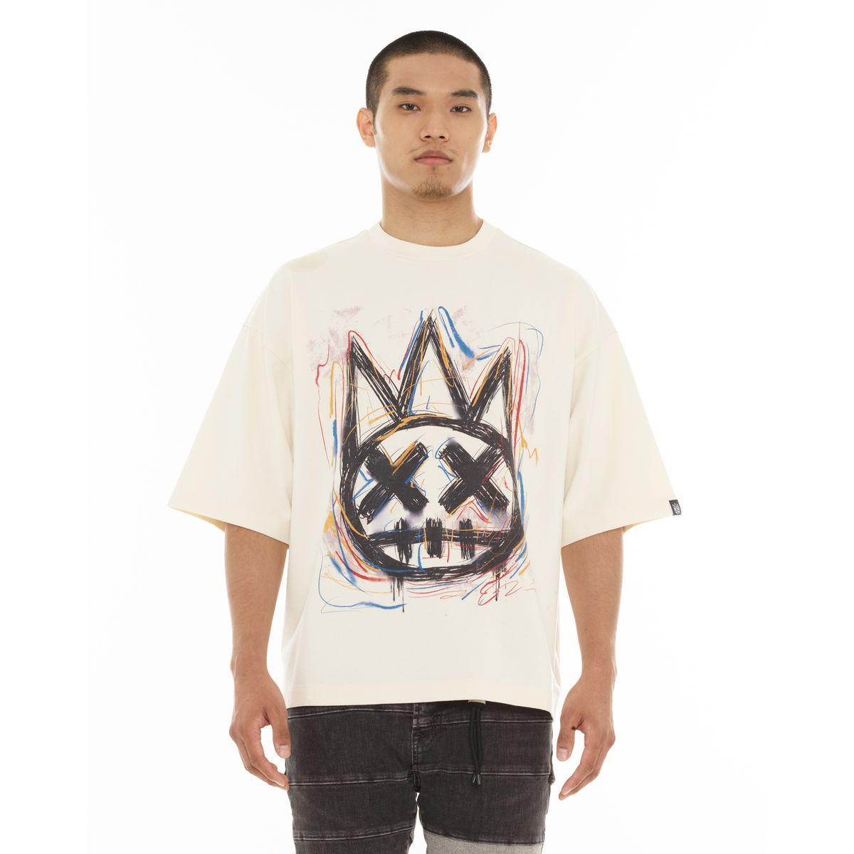 Oversized Short Sleeve Crew Neck Tee "Scribble Logo (Winter White)