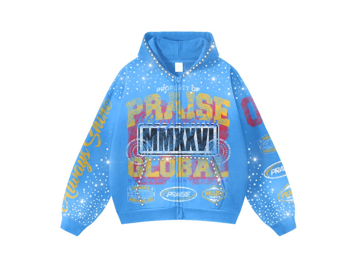 Praise Blue Washed Rhinestone + Pearls Zip-Up (Blue)