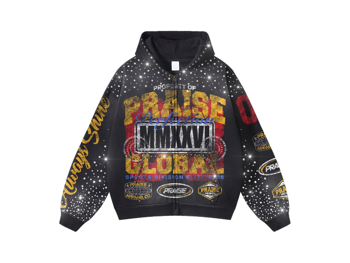 Praise Black Washed Rhinestone + Pearls Zip-Up (Black)