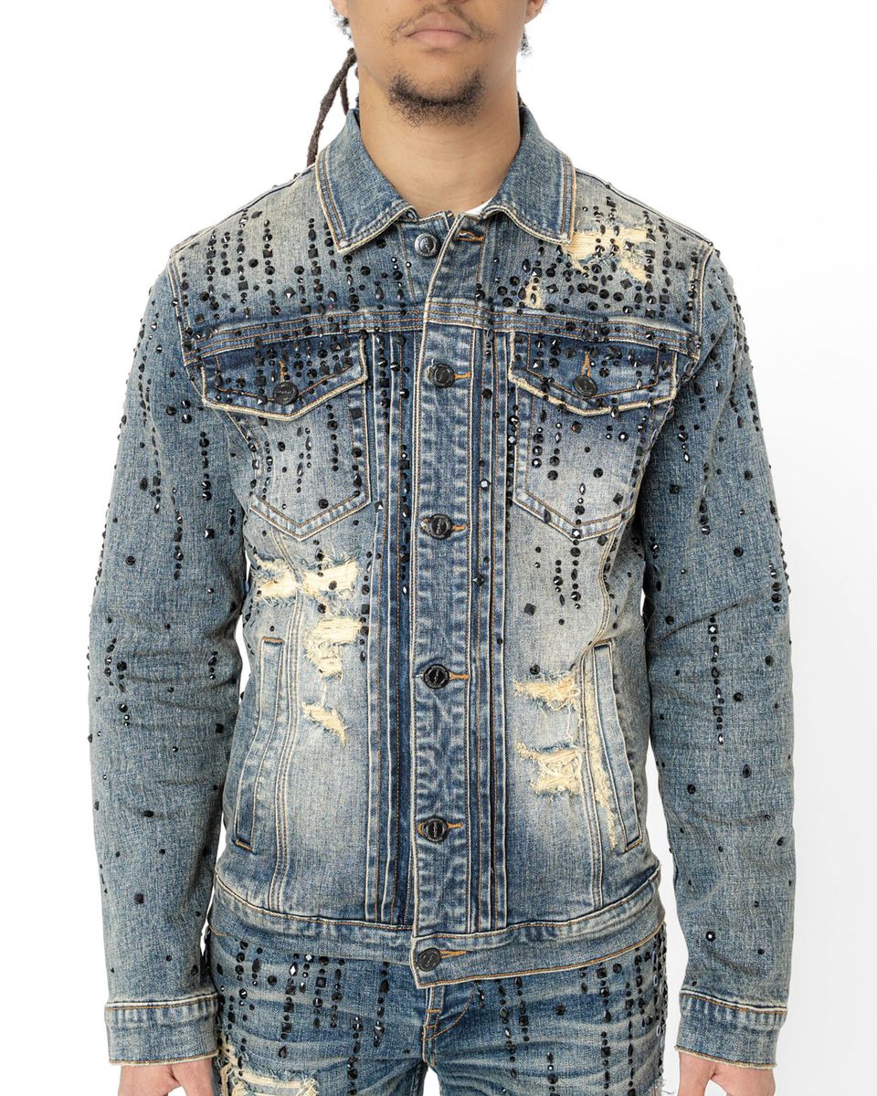 Crystal Drop Cropped Denim Jacket (Indigo)