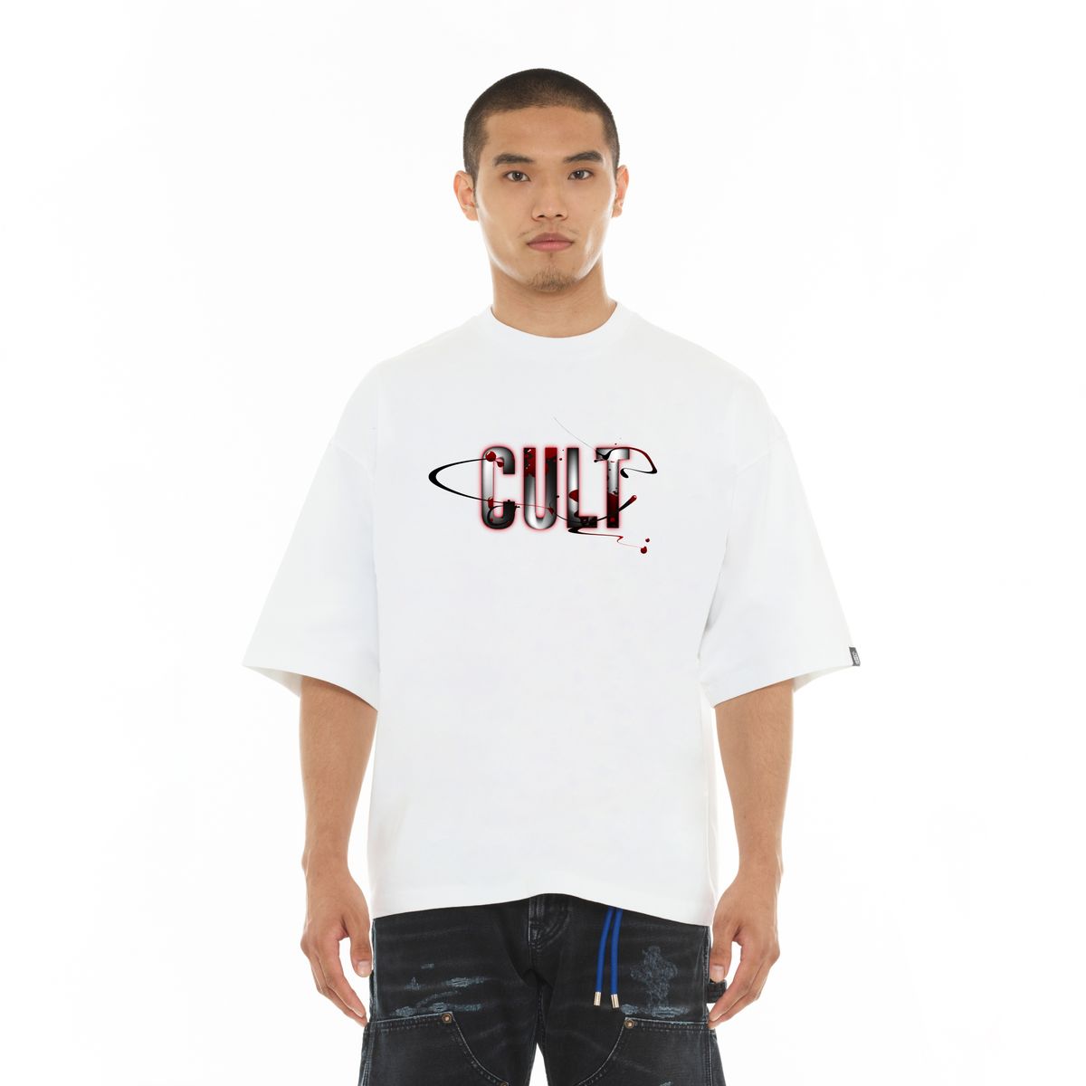 Oversized Short Sleeve Crew Neck Tee "Blood Logo" (White)