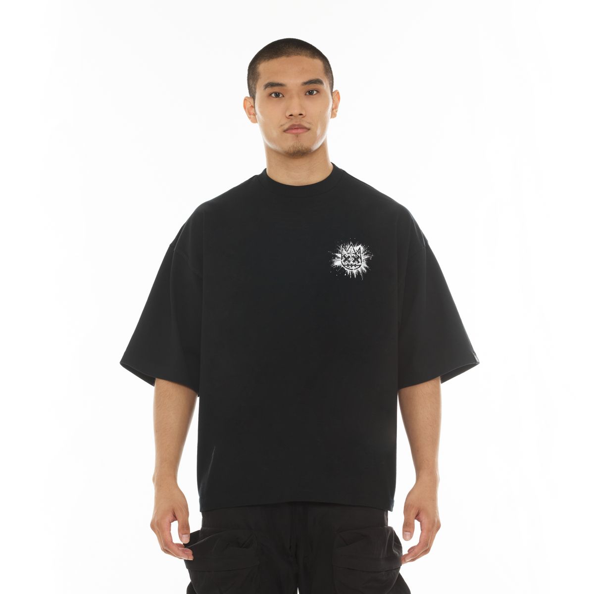 Oversized Short Sleeve Crew Neck Tee "Splatter Logo" (Black)