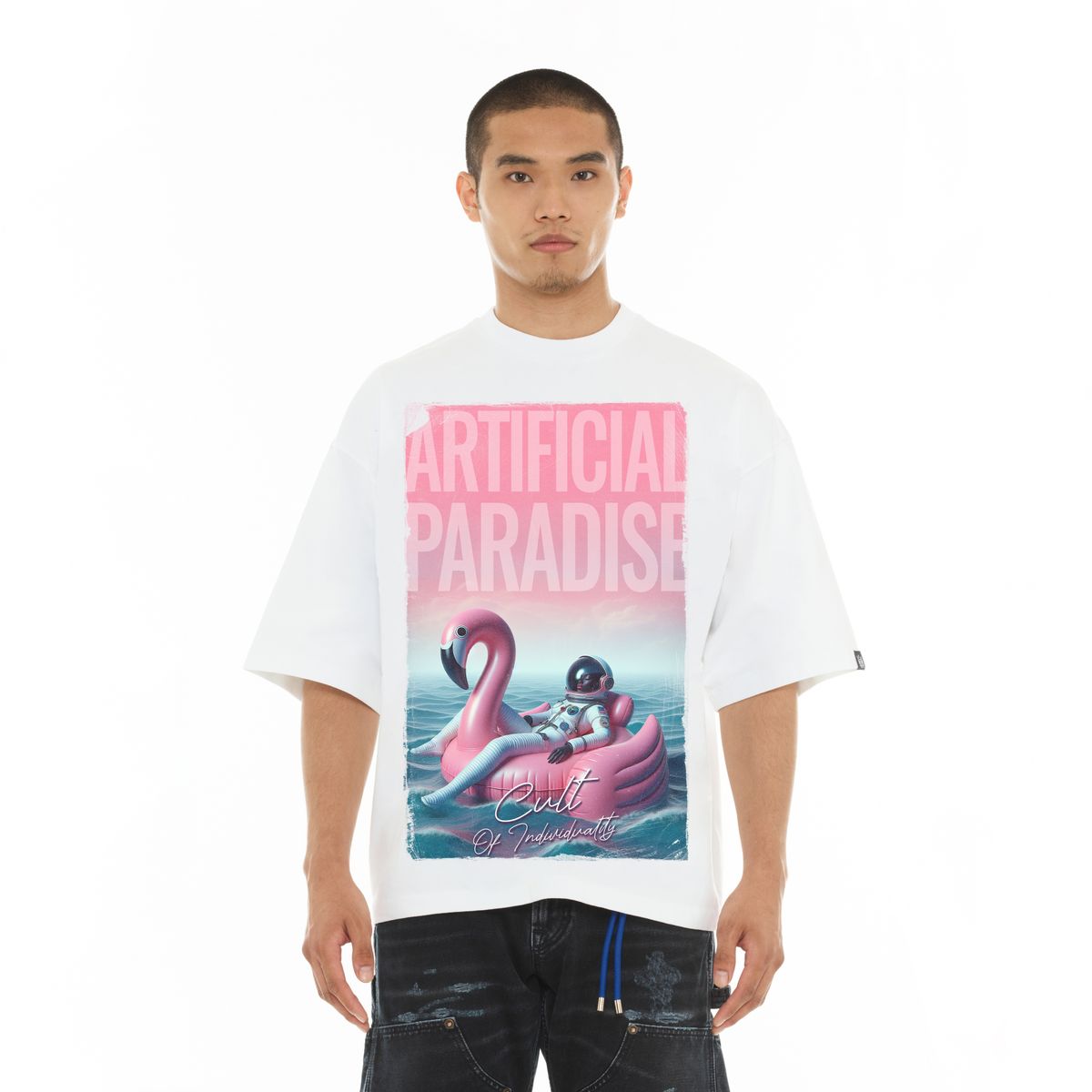Oversized Short Sleeve Crew Neck Tee "Artificial Paradise" (White)