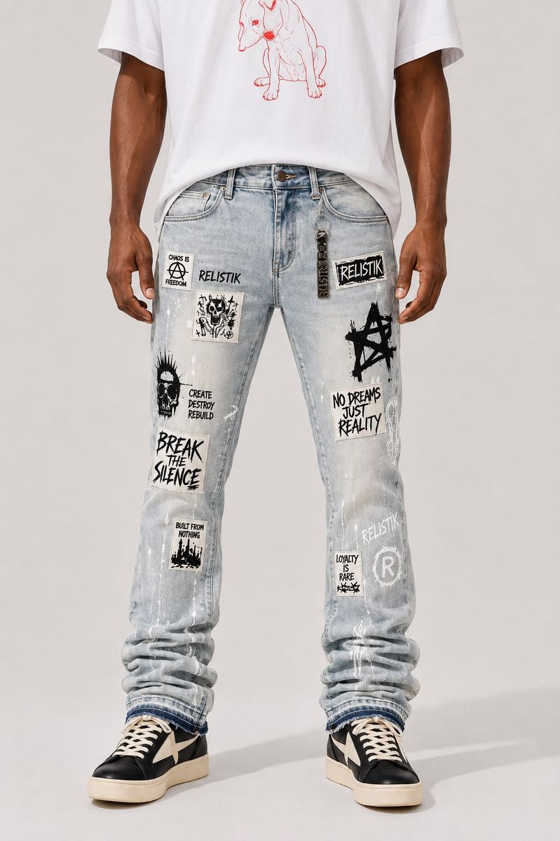 Reelistik  Break The Silence Stacked Slim Fit Patched Stretch Denim (Tan Blue)