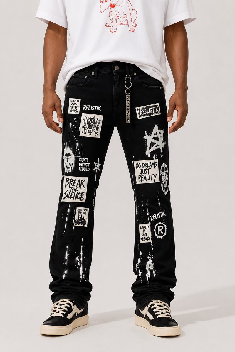 Reelistik  Break The Silence Stacked Slim Fit Patched Stretch Denim ( Black)