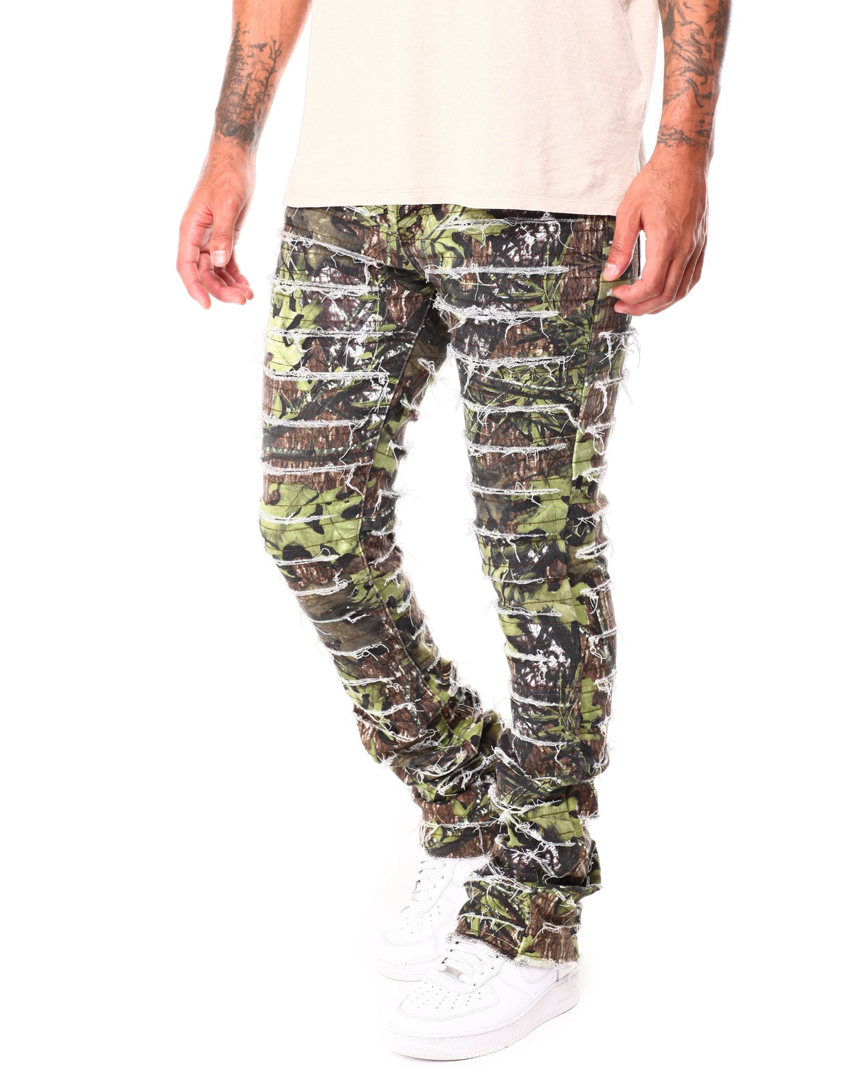 Frayed Stacked Jeans - Green Camo