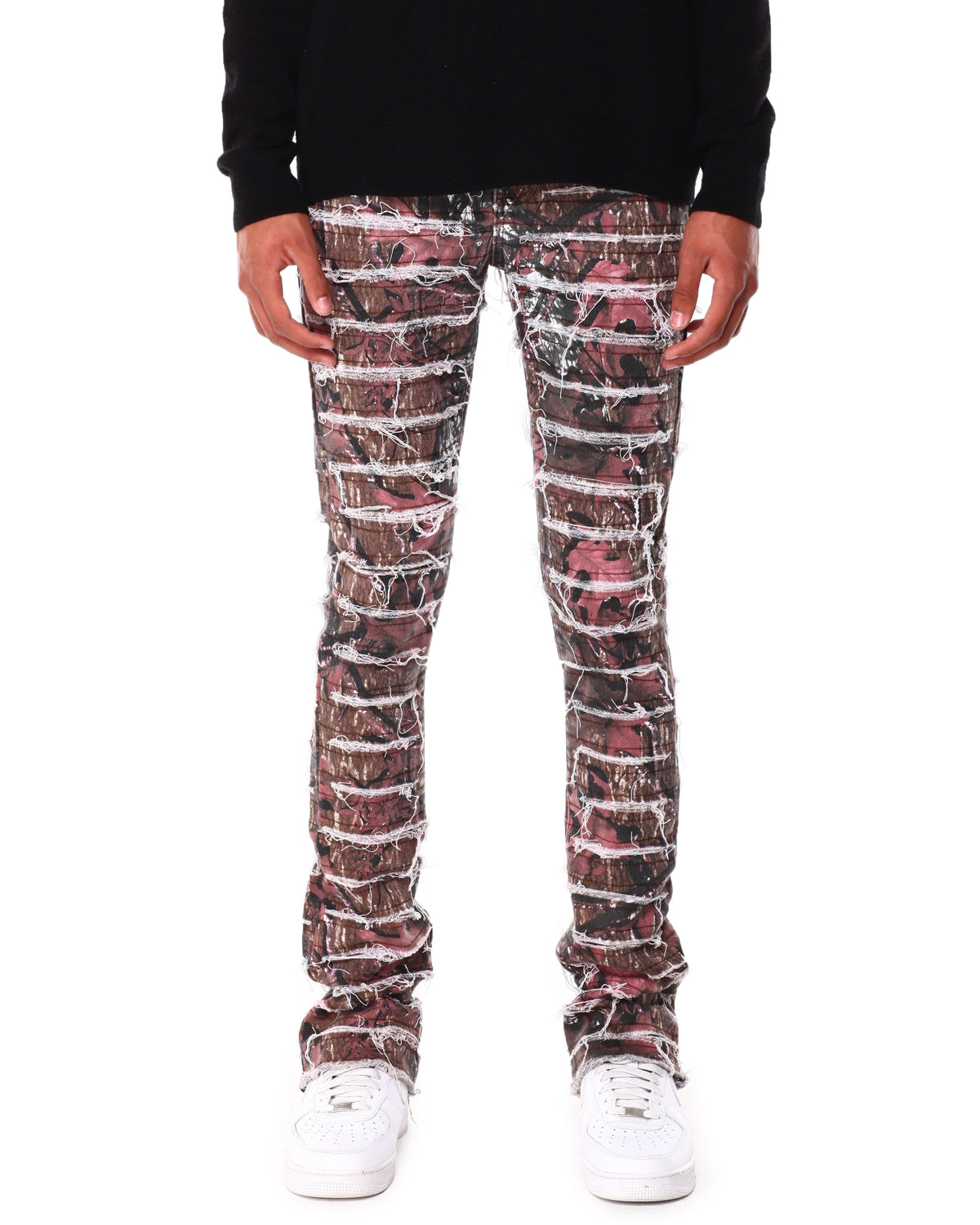 Frayed Stacked Jeans - Red Camo