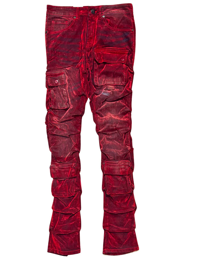 Cargo Pocket Flocked Jeans (Red)