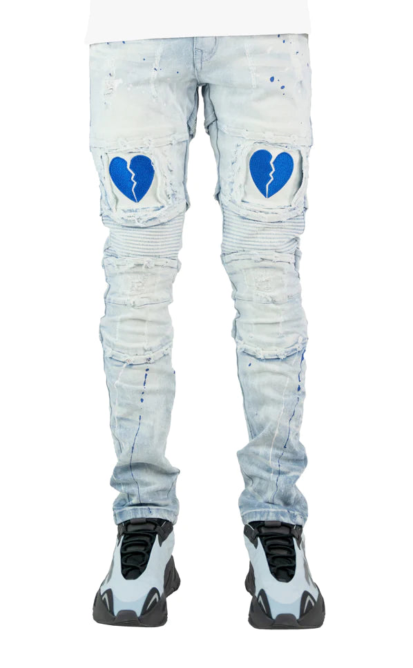 Broken Heart Denim Jeans - Light Wash/Royal Blue