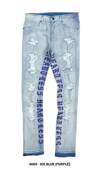 "Heartless" Stacked Denim Jeans - Ice Blue/Purple