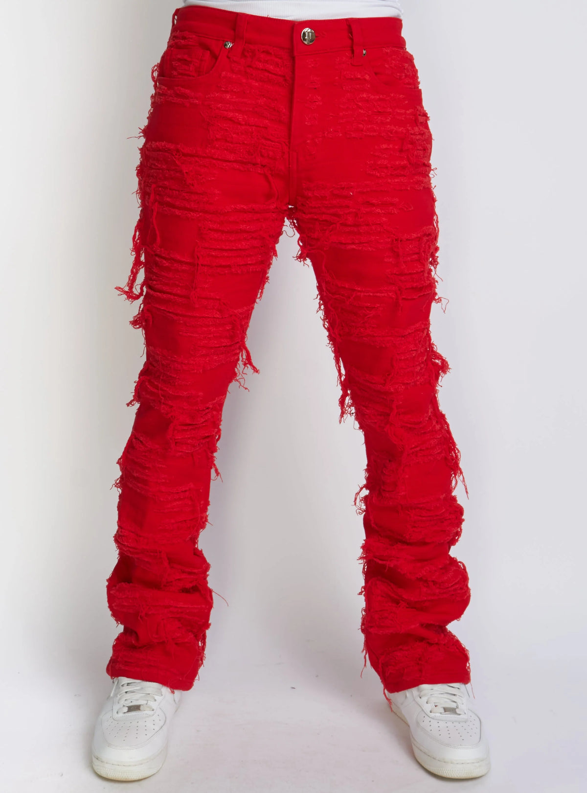 Thrashed Distressed Debris Stacked Flare Jeans - Red