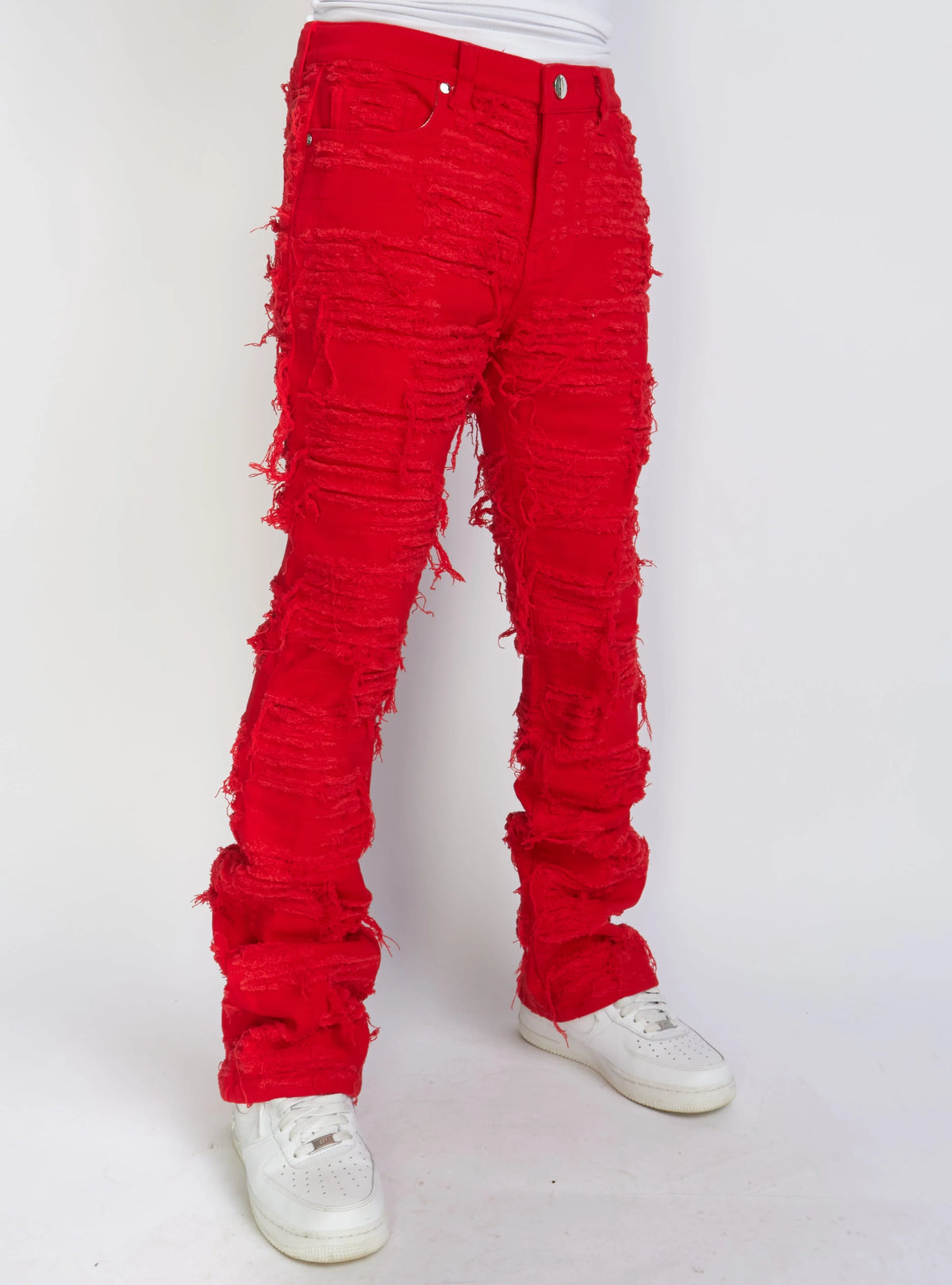 Thrashed Distressed Debris Stacked Flare Jeans - Red – Todays Man Store