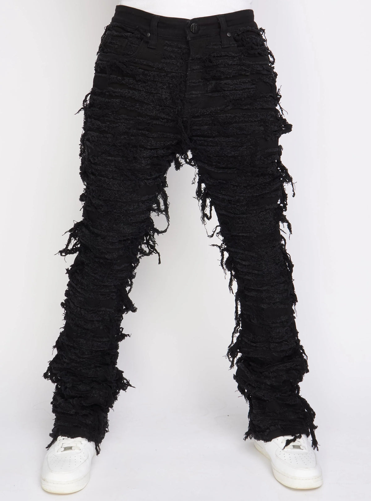 Thrashed Distressed Debris Stacked Flare Jeans - Black