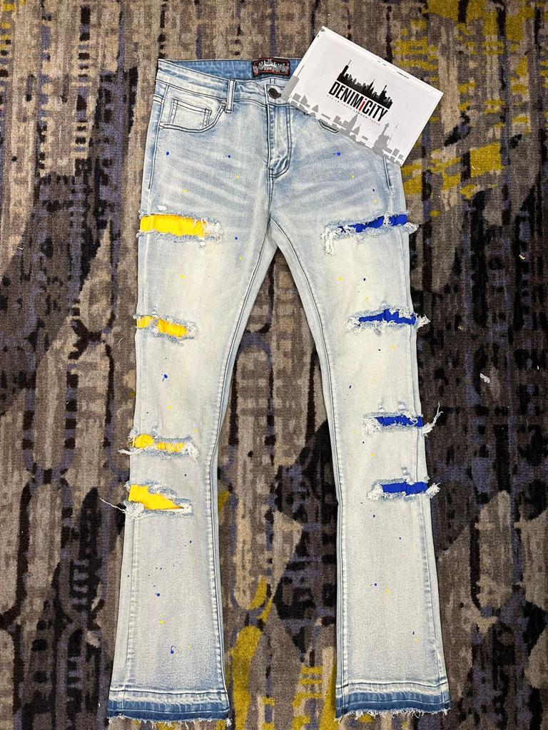 Zombie Ripped Royal/Yellow Light Blue Wash Denim Jeans