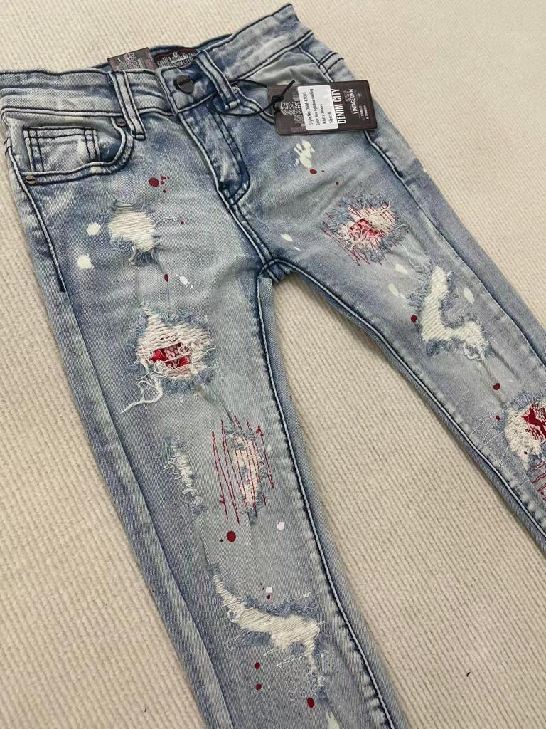 Kids Rip N Repair Bleached Light Blue Wash Denim Jeans With Red Stitch