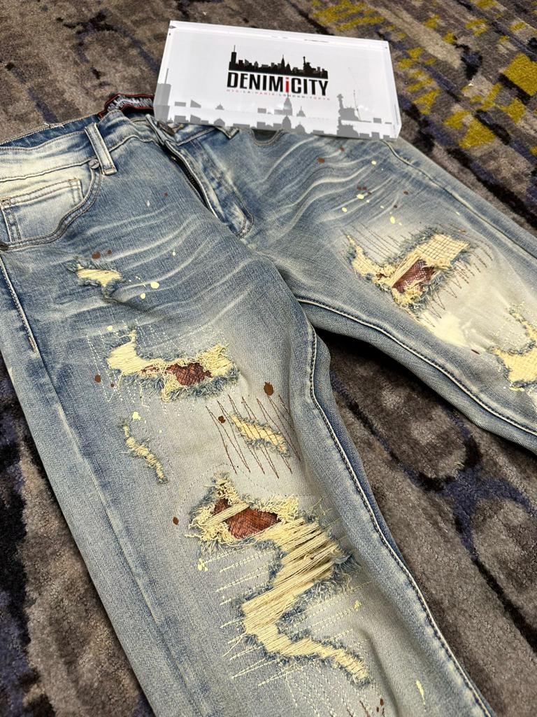 Kids Rip N Repair Bleached Vintage Wash Denim Jeans With Brown Snake Stitch
