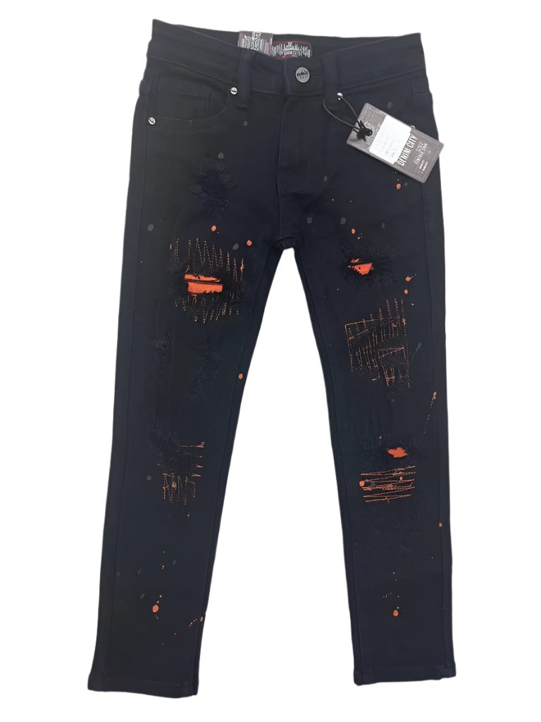 Rip N Repair Denim Jeans With Orange Stitch - Jet Black Wash