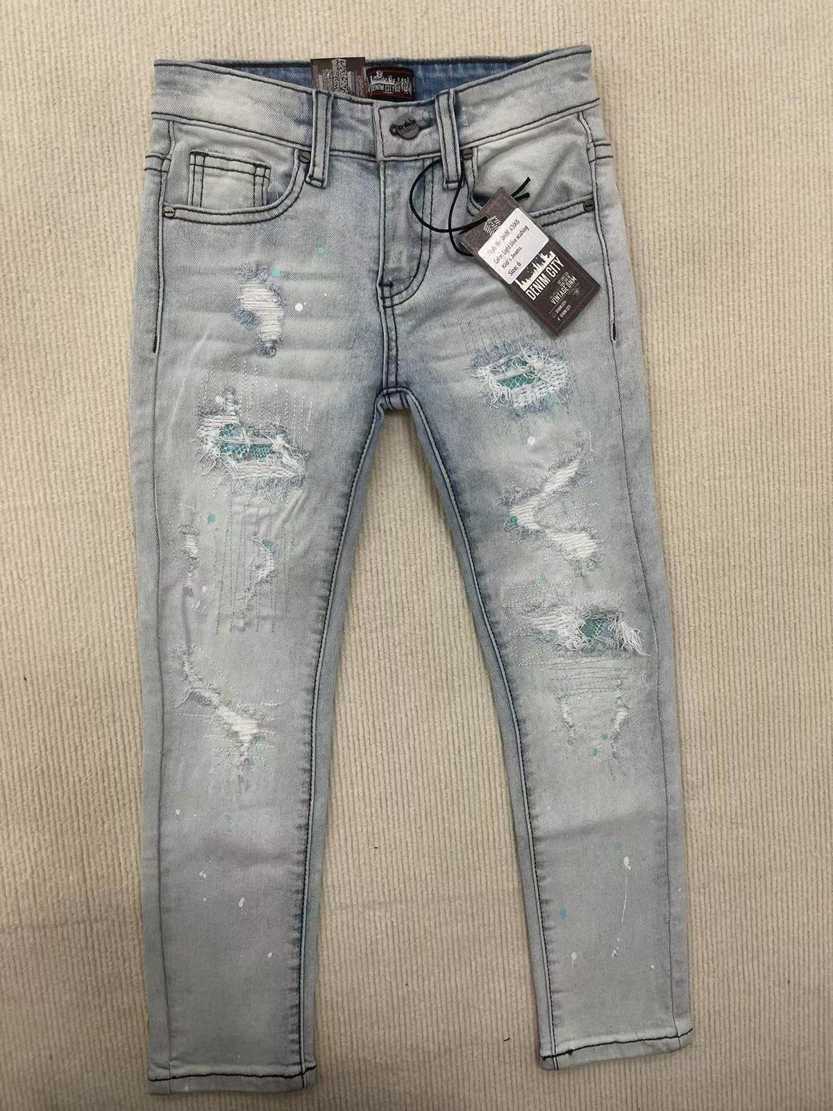 Kids Rip N Repair Light Blue Wash Denim Jeans With Teal Snake Stitch