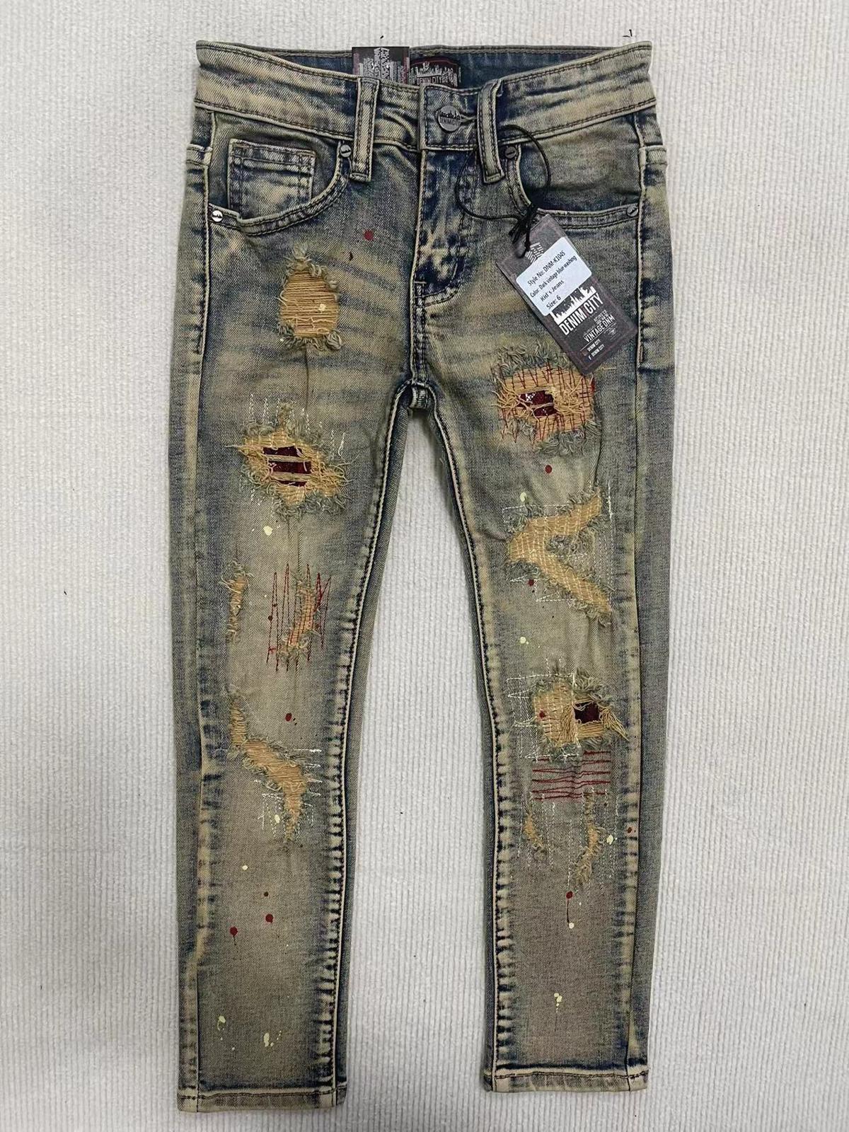 Kids Rip N Repair Denim Jeans With Snake Stitch - Dark Vintage Blue